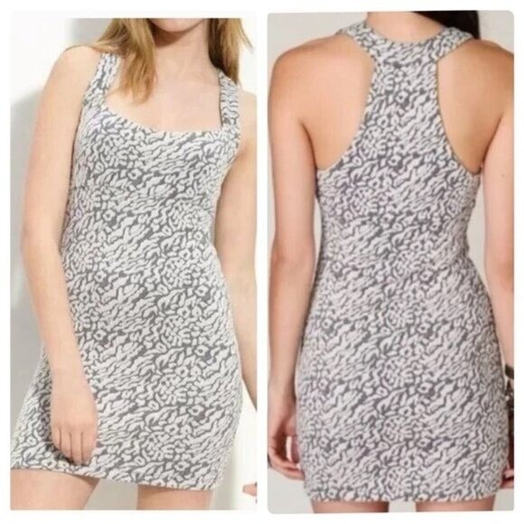 Free People Gray White Leopard Print Knit Racerback Mini Bodycon Dress Womens M - Picture 1 of 5